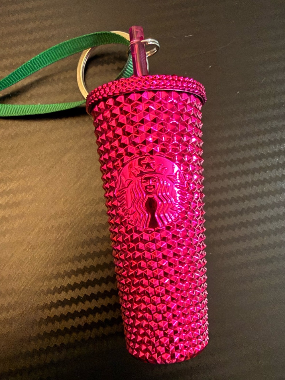 Starbucks Hot Pink Studded Tumbler Keychain with Green Strap